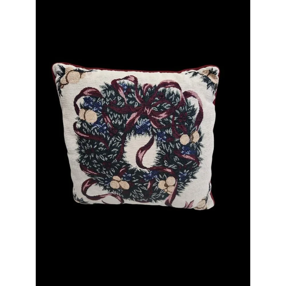 Vintage Needlepoint Holiday Wreath Tapestry Pillow 15x15” GUC